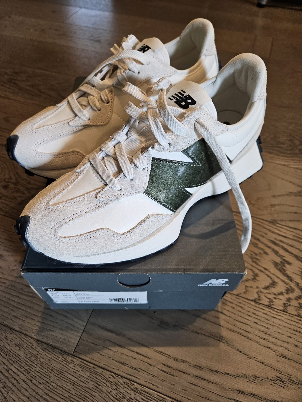 New Balance Women's 327 Sneakers White with Olive Green N Logo